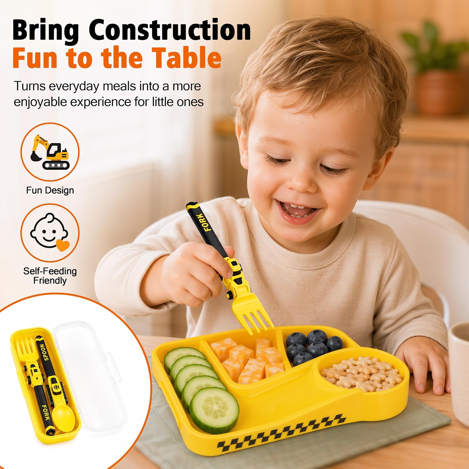 Deinyi Construction Toddler Utensils, Reusable Toddler Fork and Spoon
