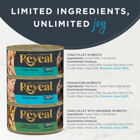 Reveal Fish Variety in Broth Wet Cat Food, 3-Flavor 12-Pack 2.47 oz Cans