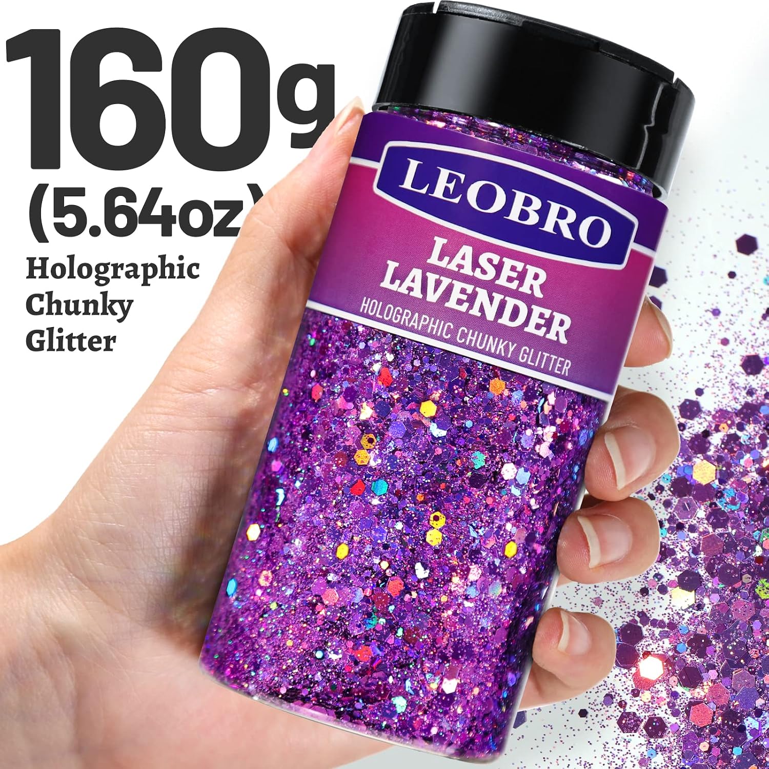 LEOBRO Purple Glitter, 160g/5.64oz Holographic Chunky Glitter for Crafts, Resin, Nail Body, Tumblers, Party Decorations