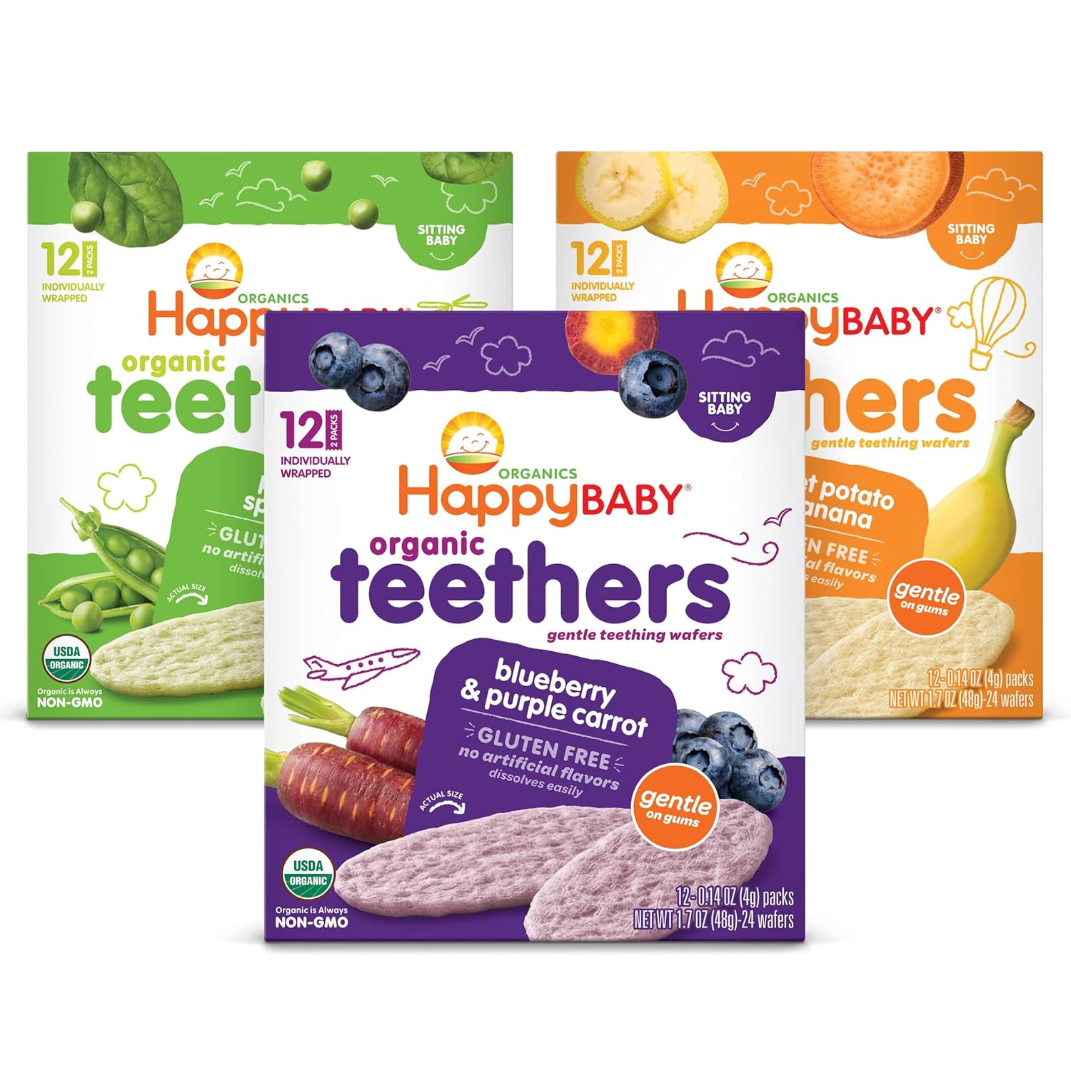 HAPPY BABY Gentle Teething Wafers, 3 Flavor Variety Pack, 12 ct (3 Pack)