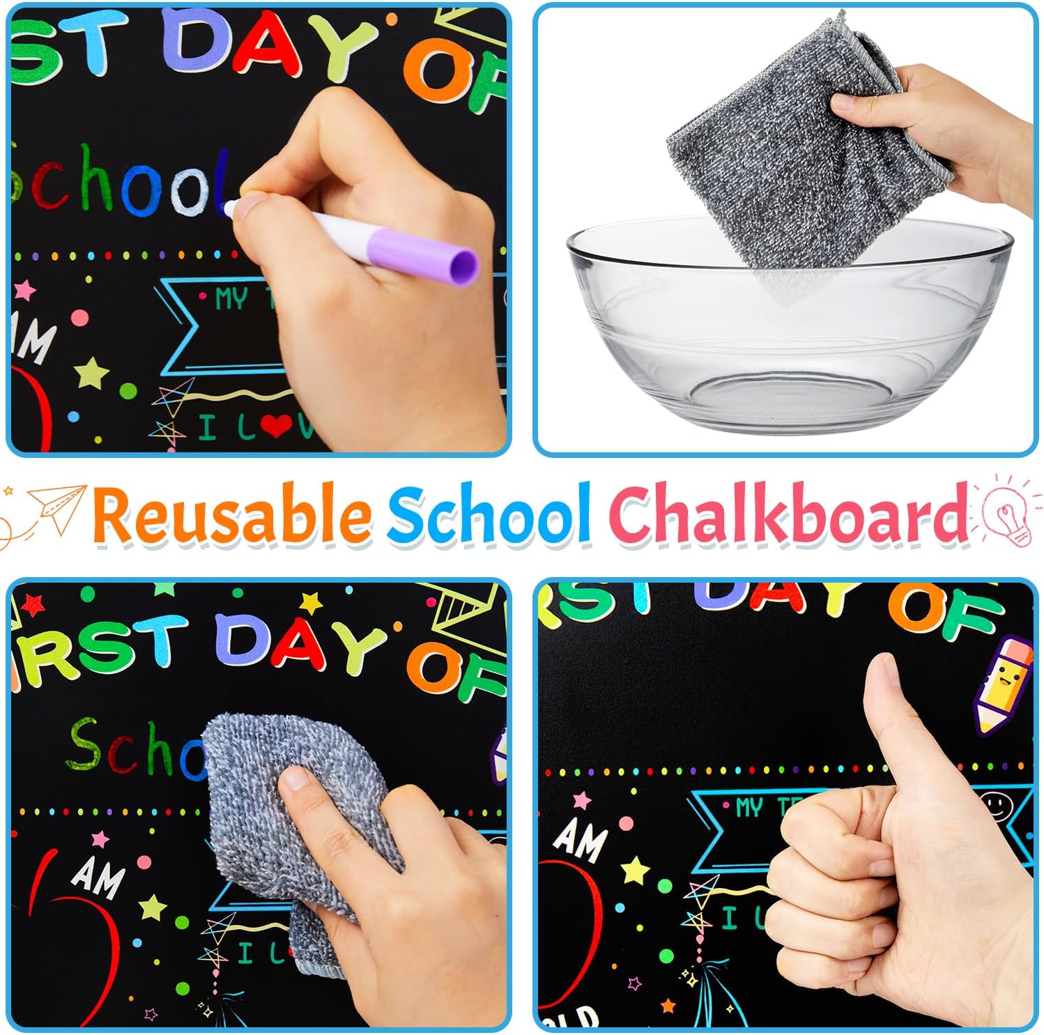Multiwins First and Last Day of School Double Sided Sign with Frame- 14”x11” Reusable Dry Erase Board with 6 Colorful Liquid Chalk Markers - Back to School Supplies for Kindergarten Preschool