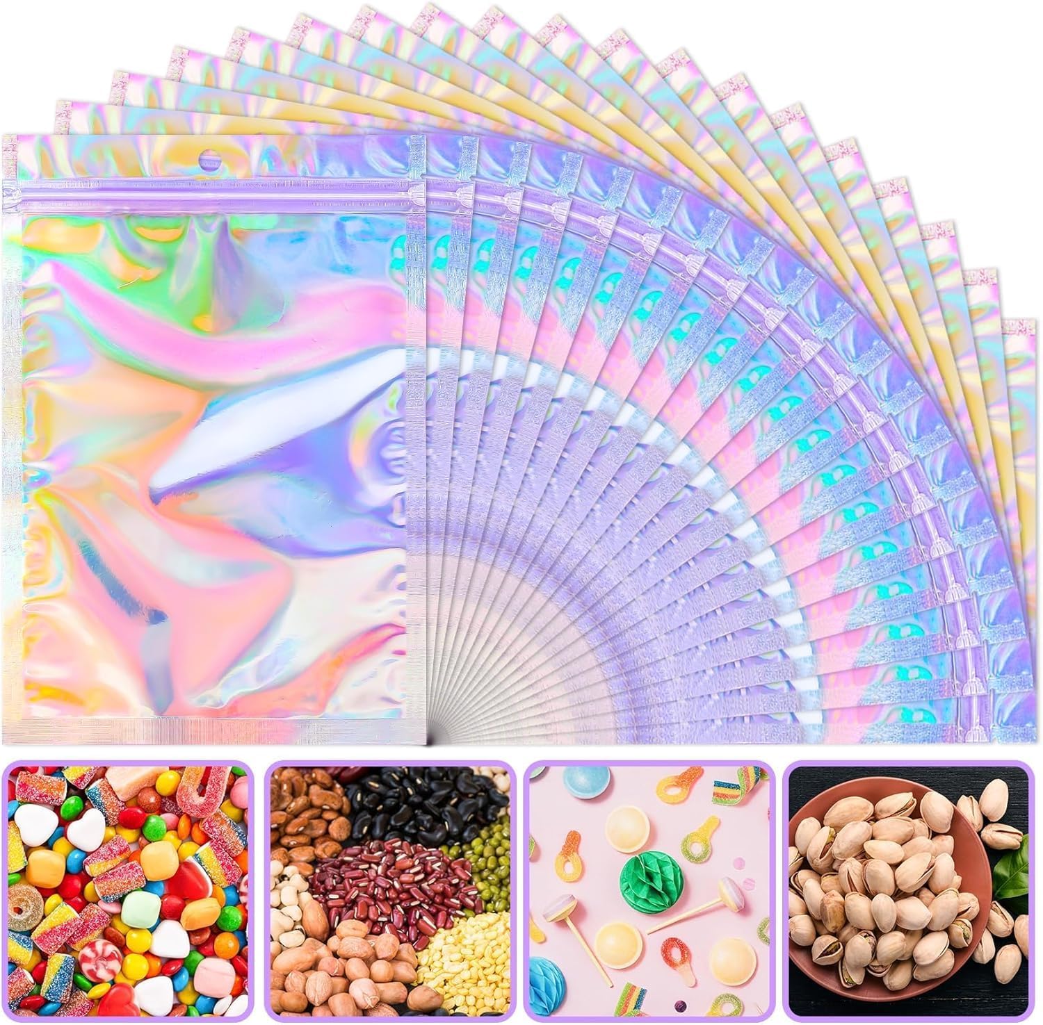 ANZNKU Holographic Mylar Bags Resealable 50PCS, 5.5x7.8 Smell Proof Packaging Bags Snack Baggies for Candy Jewelry Goodie Party Favor, Small Plastic Pouches Bulk for Small Business Halloween Christmas