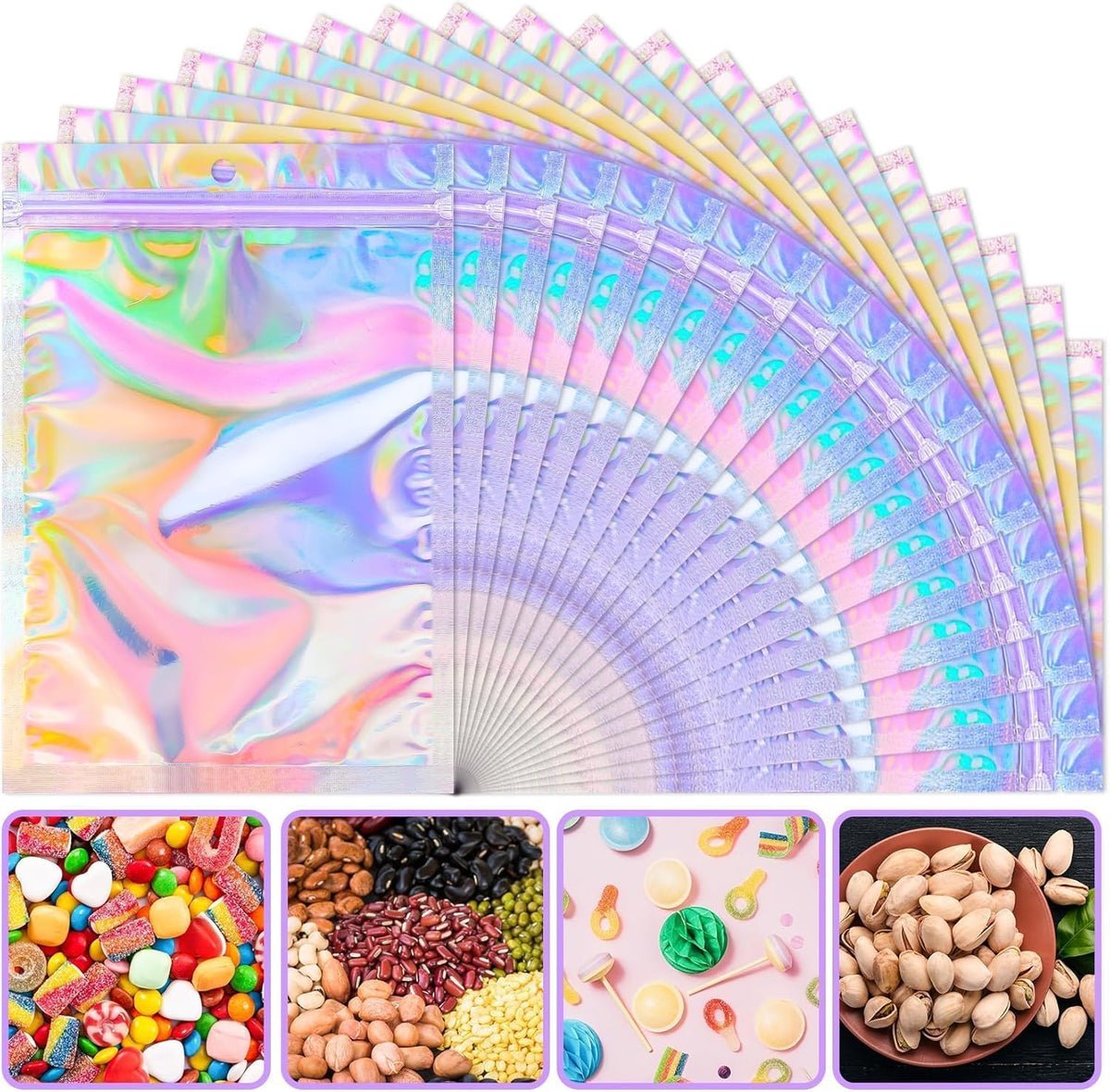 ANZNKU Holographic Mylar Bags Resealable 50PCS, 5.5x7.8 Smell Proof Packaging Bags Snack Baggies for Candy Jewelry Goodie Party Favor, Small Plastic Pouches Bulk for Small Business Halloween Christmas