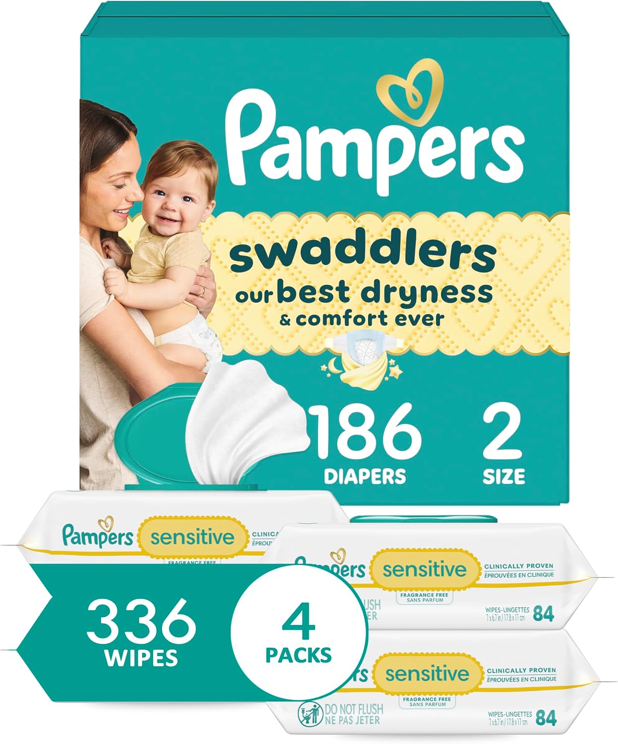 Diapers Size 2, 186 Count and Baby Wipes - Pampers Swaddlers Disposable Baby Diapers and Water Baby Wipes Sensitive Pop-Top Packs, 336 Count (Packaging May Vary)