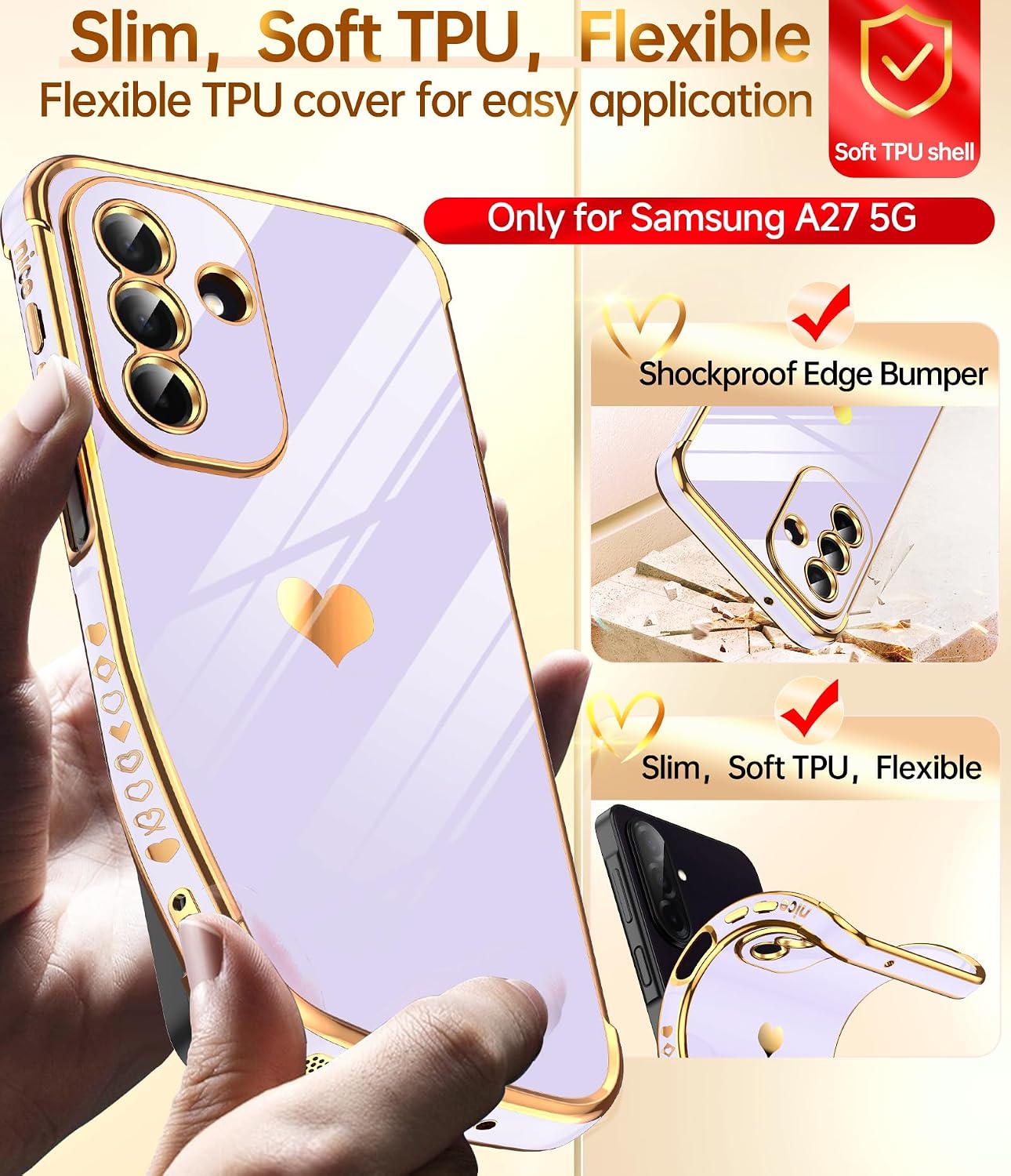LeYi for Samsung Galaxy A27-5G Case: with Tempered Glass Screen Protector [2 Pcs]+ Full Camera Lens Protection,Love Heart Plating Girly Cute Luxury Soft TPU Shockproof Case 5G,Purple