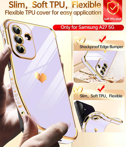 LeYi for Samsung Galaxy A27-5G Case: with Tempered Glass Screen Protector [2 Pcs]+ Full Camera Lens Protection,Love Heart Plating Girly Cute Luxury Soft TPU Shockproof Case 5G,Purple