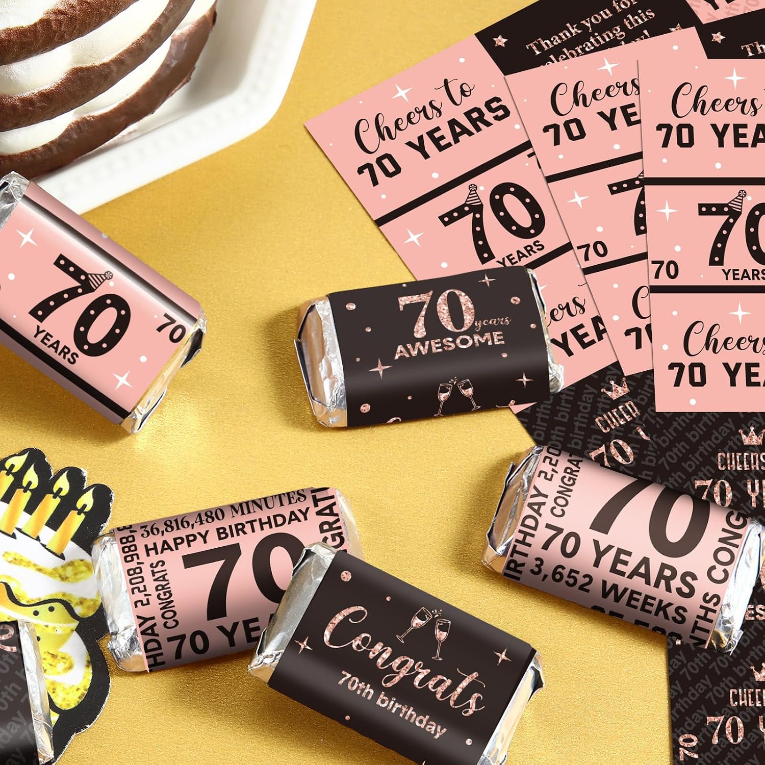 Tenare 90 Pcs 70th Birthday Candy Wrappers, Pink Stickers