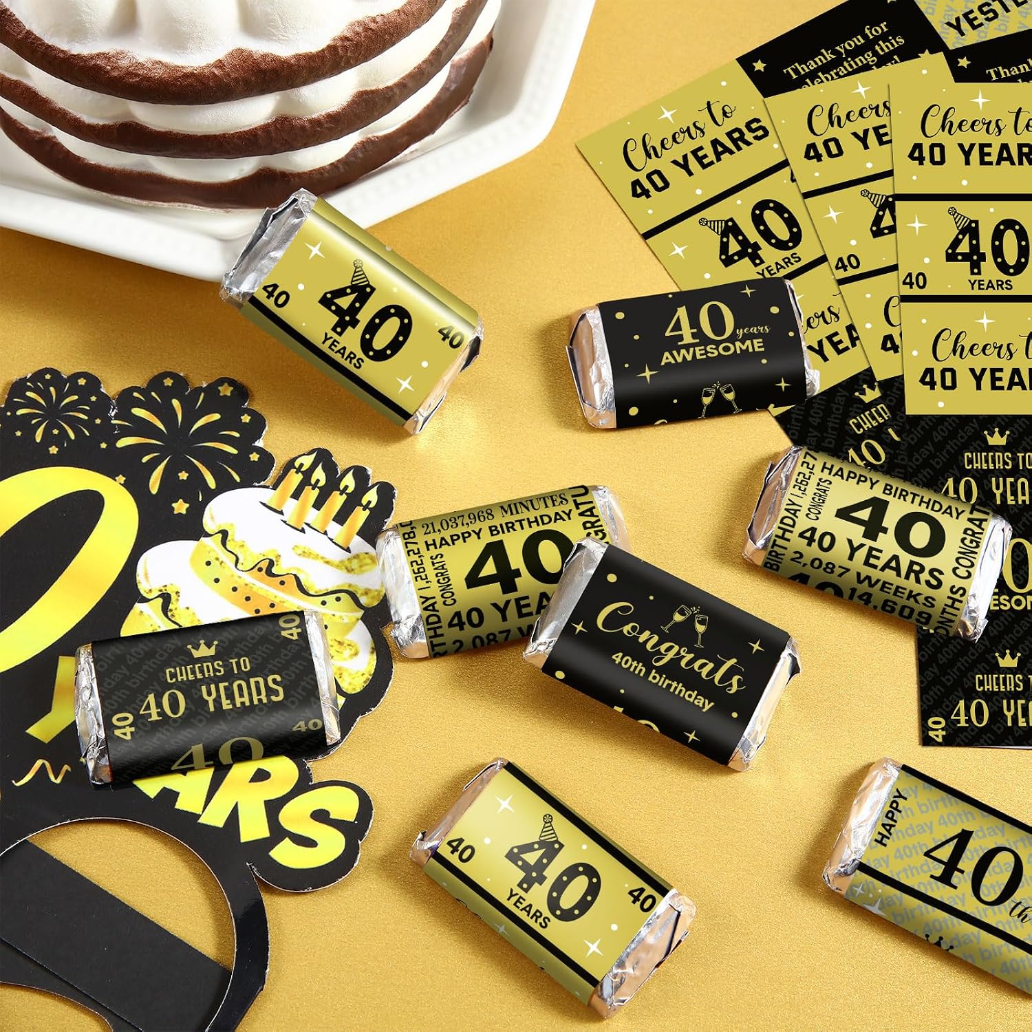 Tenare 90 Pcs 40th Birthday Candy Wrappers, Black and Gold Stickers