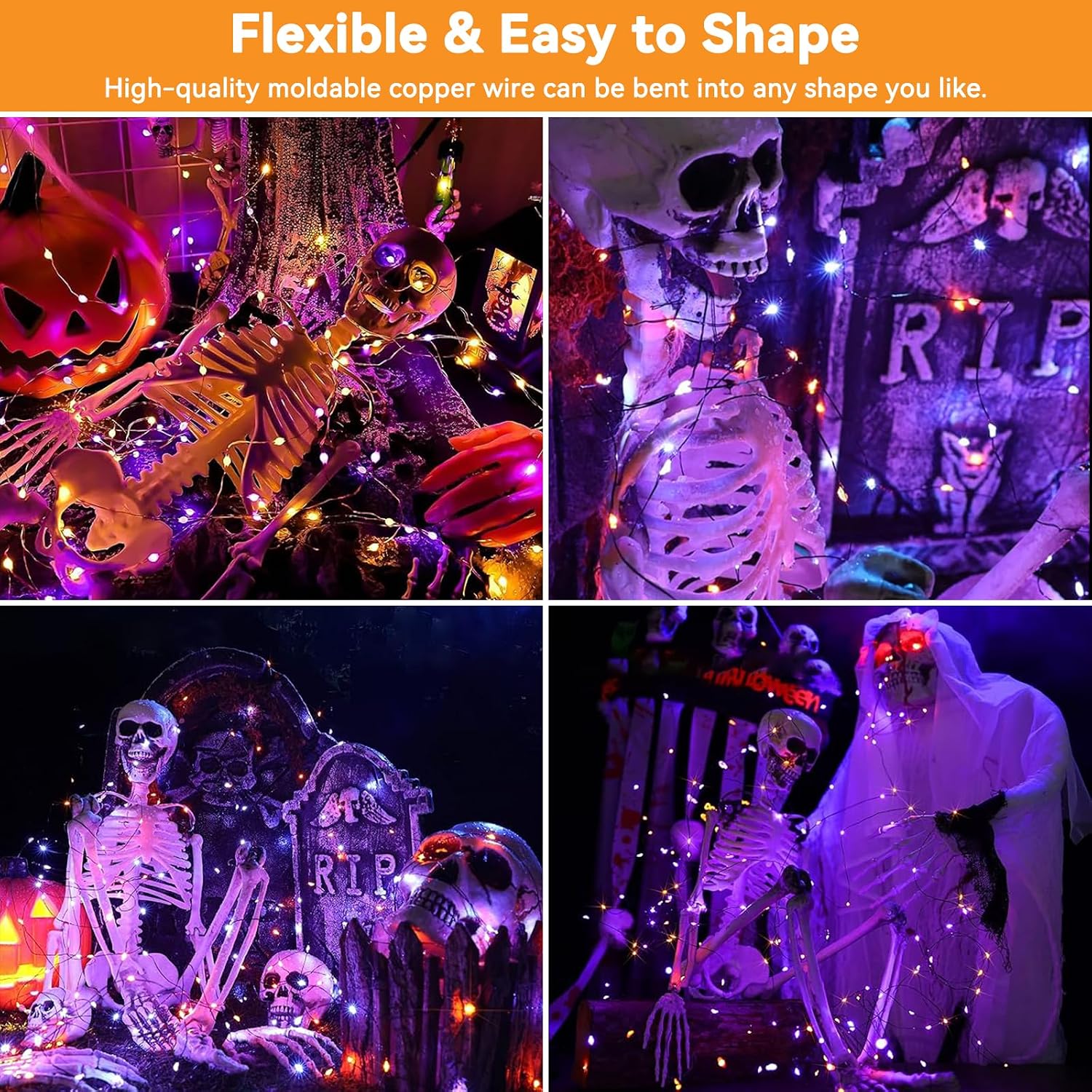 Solar String Lights Outdoor 2 Pack Total 66ft 200LED Orange + Purple