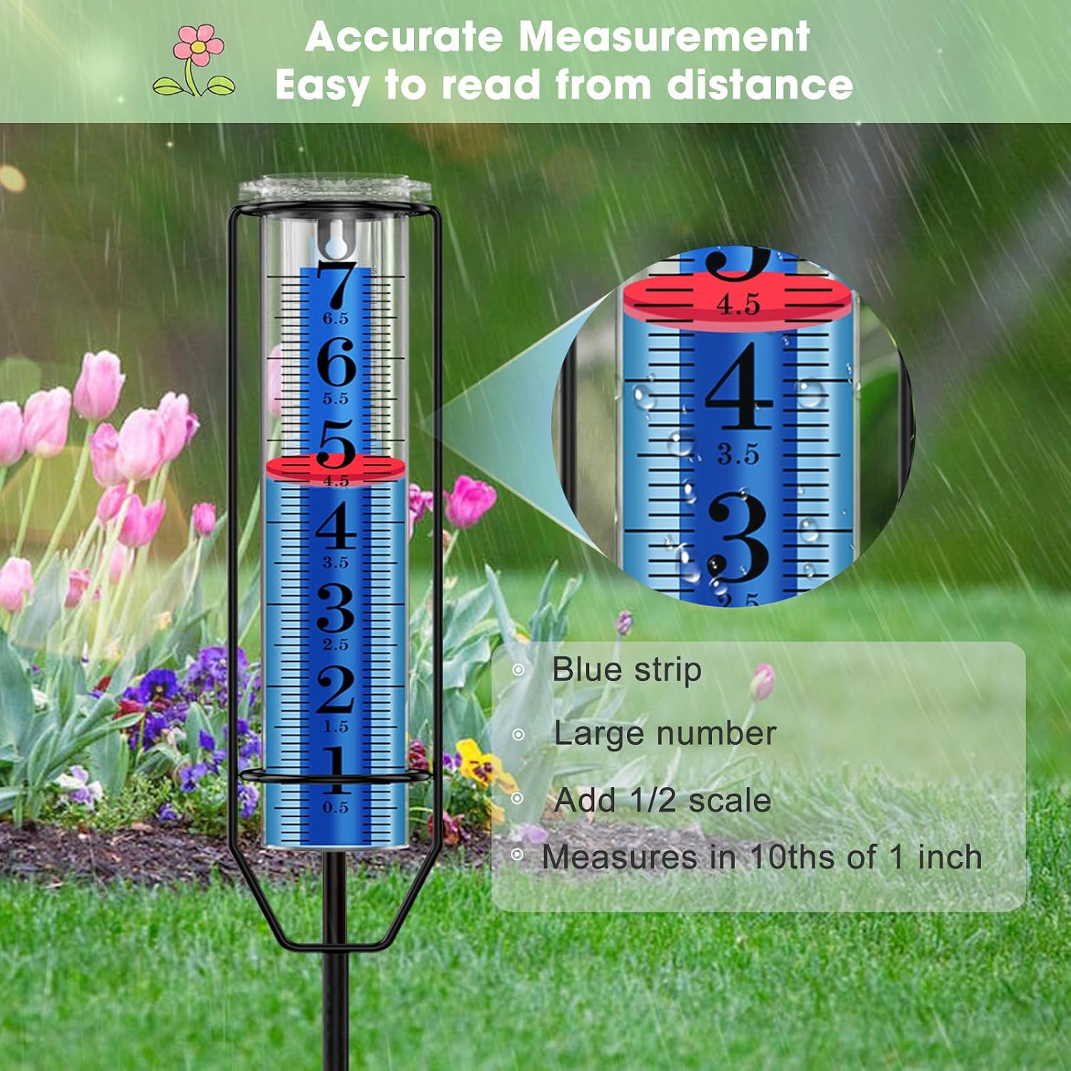 FINEST+ Upgraded Rain Gauge, 7" Freeze Proof Rain Gauge Outdoor Best Rated, Large Clear Numbers and Adjustable Height Rain Measuring Tool for Garden, Lawn and Farm
