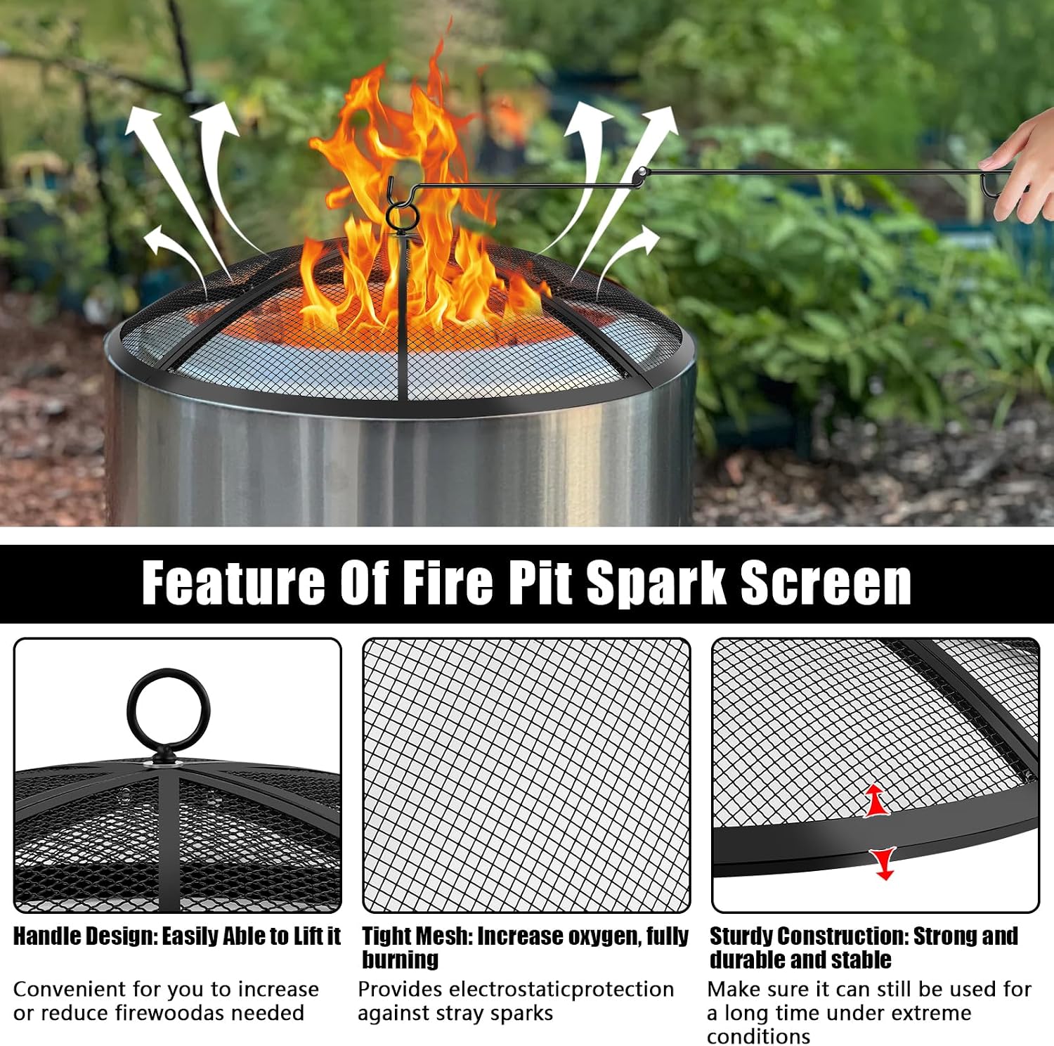 Fire Pit Spark Screen, Fire Pit Screen 36 Inch Round with Handle & Poker