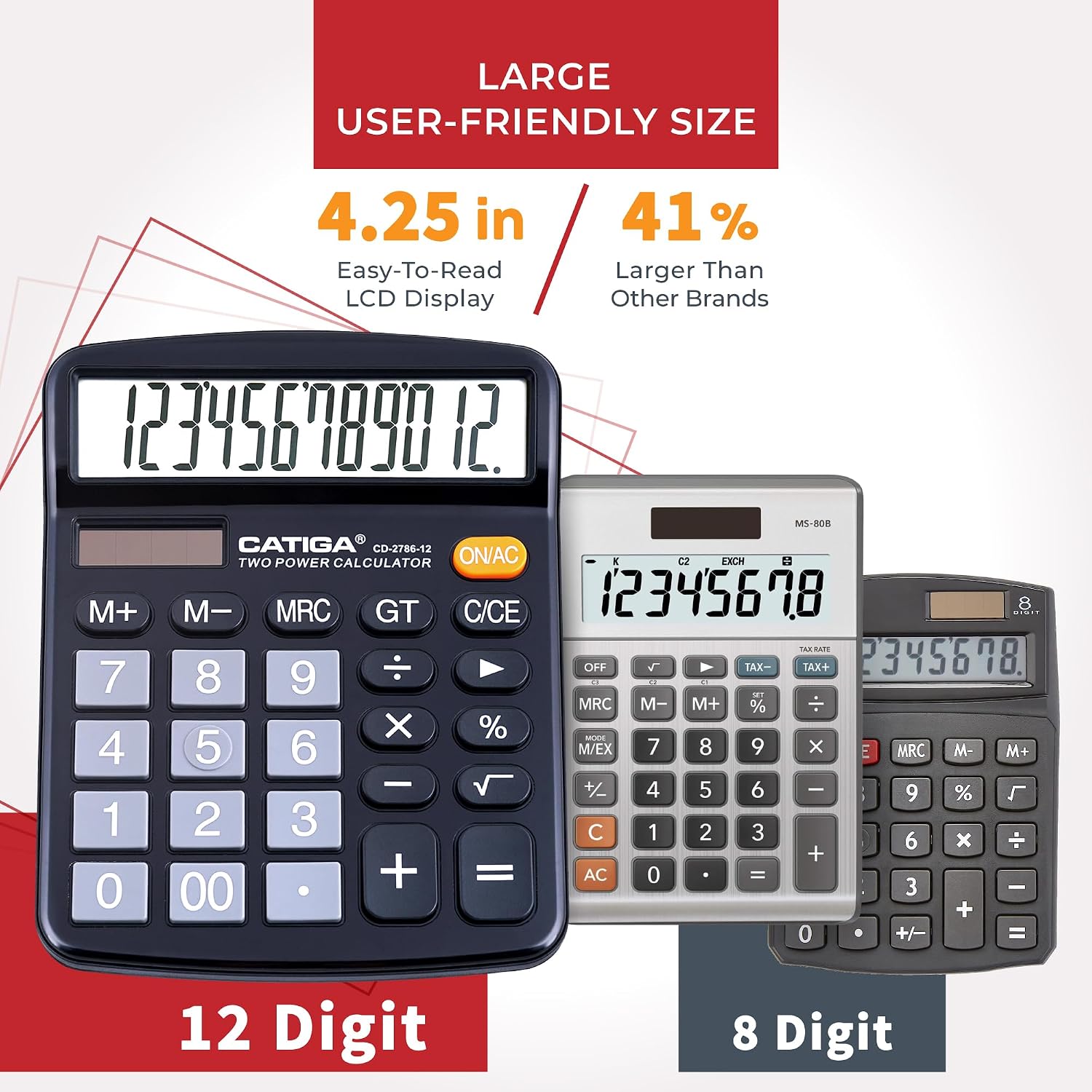CATIGA 12 Digit Desk Calculator, Desktop Calculators with Large LCD Display & Big Buttons, Basic Simple 4 Function Solar Calculator, Dual Power Solar & Battery for School, Office & Home (CD-2786)