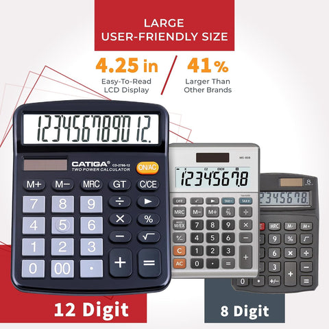 CATIGA 12 Digit Desk Calculator, Desktop Calculators with Large LCD Display & Big Buttons, Basic Simple 4 Function Solar Calculator, Dual Power Solar & Battery for School, Office & Home (CD-2786)