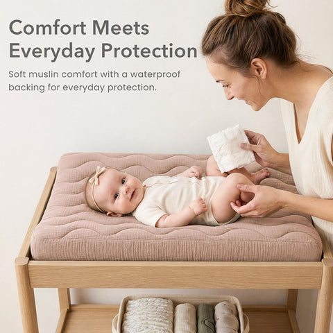 Konssy 2 Pack Quilted Muslin Changing Pad Cover, Waterproof Layer 32" x 16"