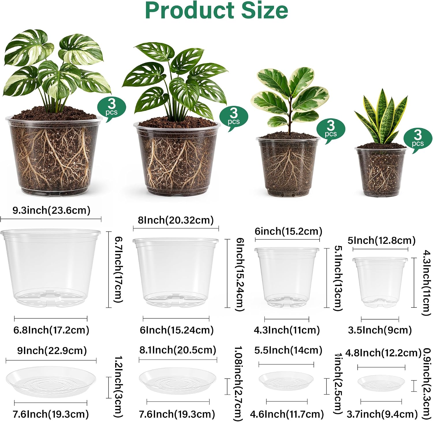 Bluepro Clear Nursery Pots with Saucers, 5/6/8/10 Inch, 12-Pack