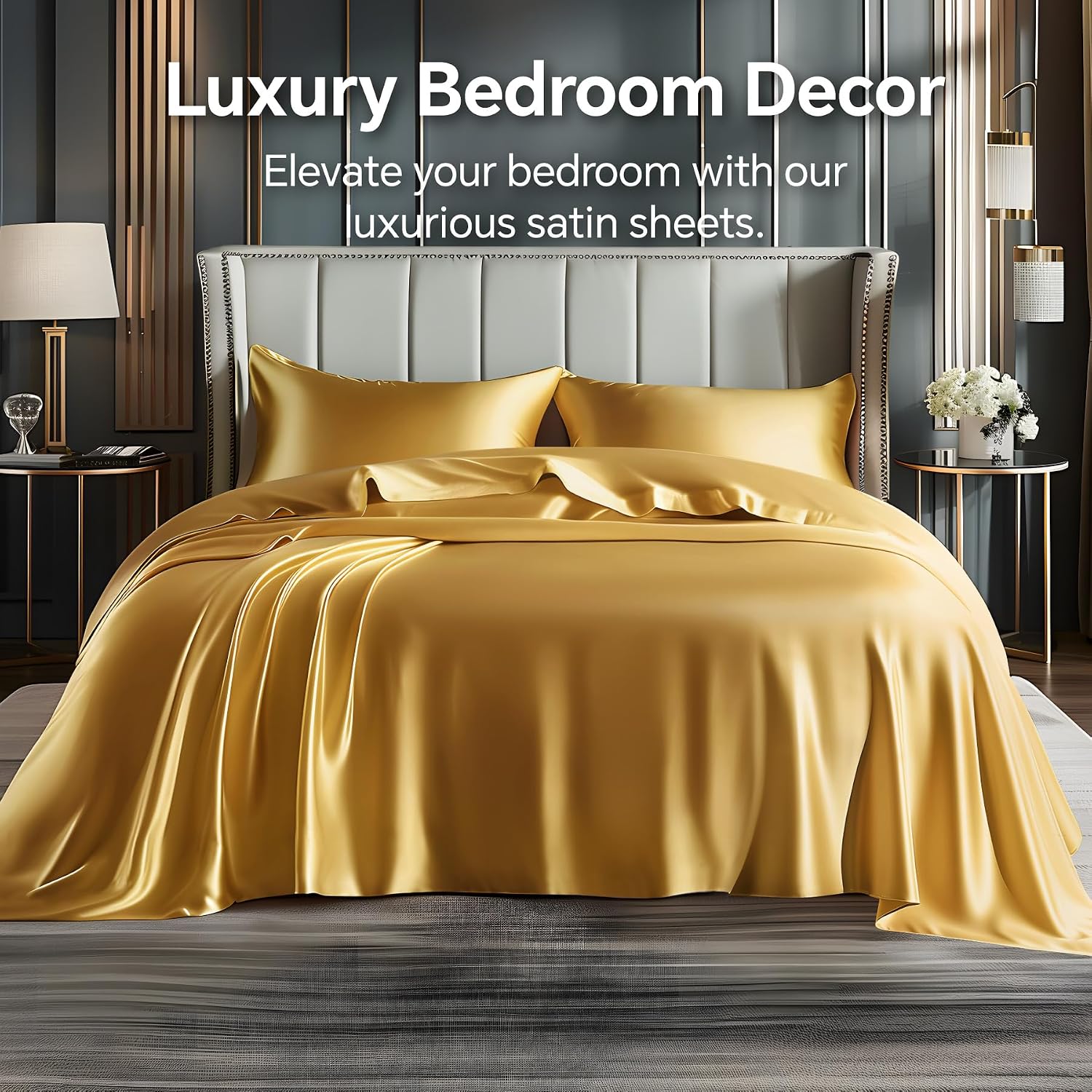 BEDELITE Satin Sheets Twin XL Size Bed Set, Gold, 3 Pieces