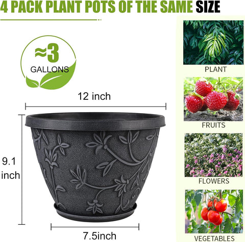 Nooulap 4 Pack 12 Inch Pots for Plants, Flower Pots Outdoor Indoor, Gray