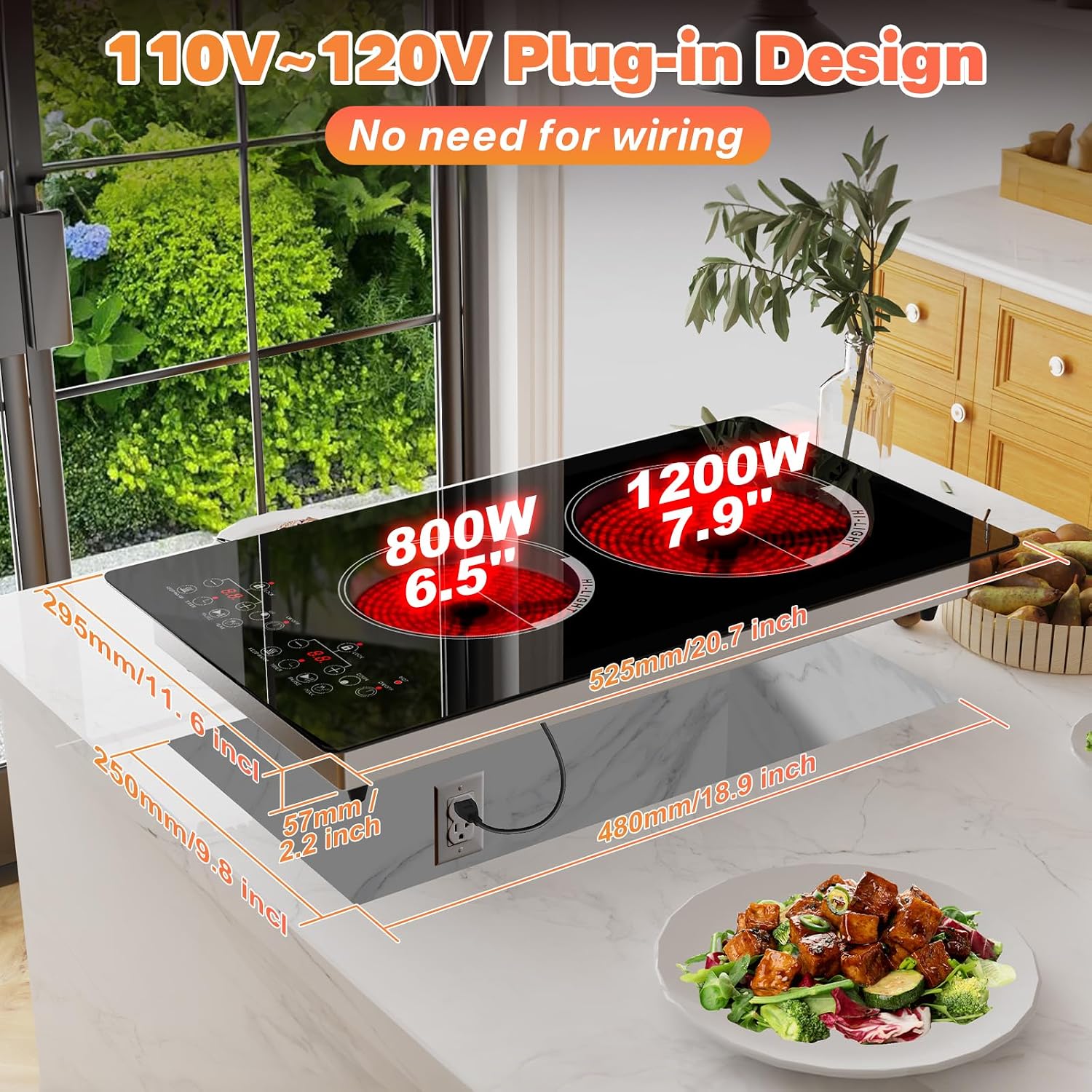 2 Burner Electric Stove 12 inch Hot Plate for Cooking, Built-in Infrared Cooktop, 120V Ceramic Hotplate Plug in Infrared Cooker, Countertop and Built-in Compatible