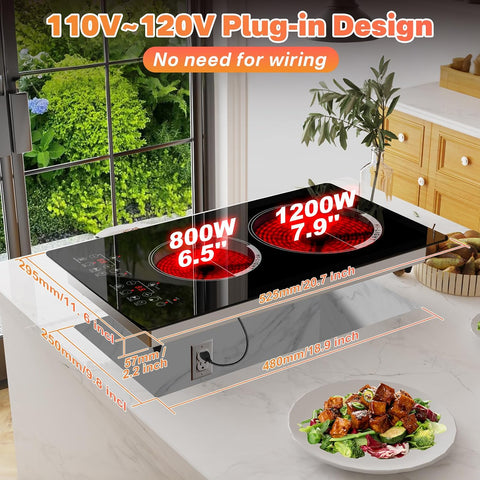 2 Burner Electric Stove 12 inch Hot Plate for Cooking, Built-in Infrared Cooktop, 120V Ceramic Hotplate Plug in Infrared Cooker, Countertop and Built-in Compatible
