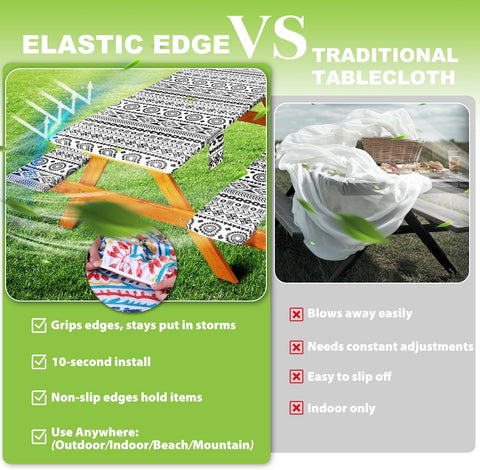 Fitted Picnic Table Cover with Bench Covers Vinyl Waterproof Elastic Edges Fitted Rectangle Tables Patio Tablecloth Camping Gear and Essentials Rv Accessories Road Trip Supplies Car Travel Must Haves