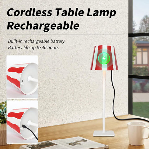 Mr. White Outdoor Waterproof Cordless Wireless Rechargeable Portable Top Touch Battery Operated Powered LED Table Lamp Desk Lamp Lights for Restaurant Kitchen Patio Dinner Dining (Red)