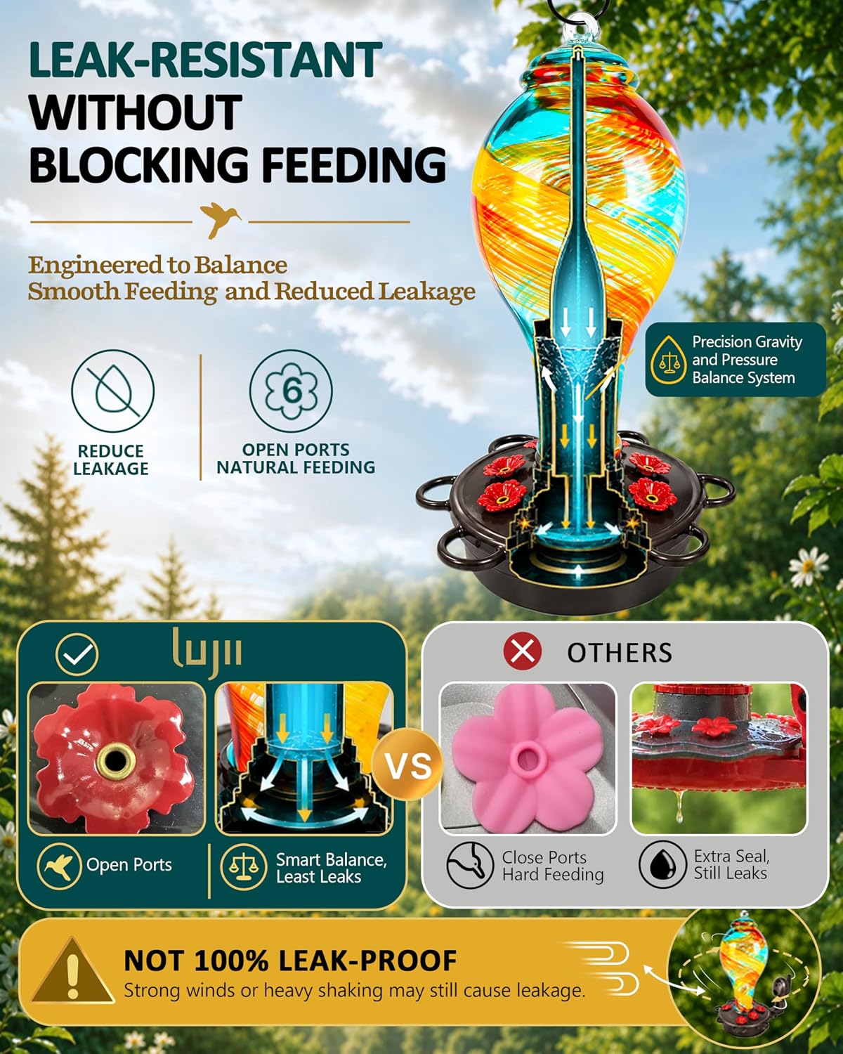 LUJII Smart Hummingbird Feeder with Camera for Outdoor Hanging, Hand Blown Glass, Solar WiFi Feeder with Live View App, 6 Feeding Ports, Leak-Resistant Design, Ant Moat & Gift Box, 36 fl oz, Ribbon