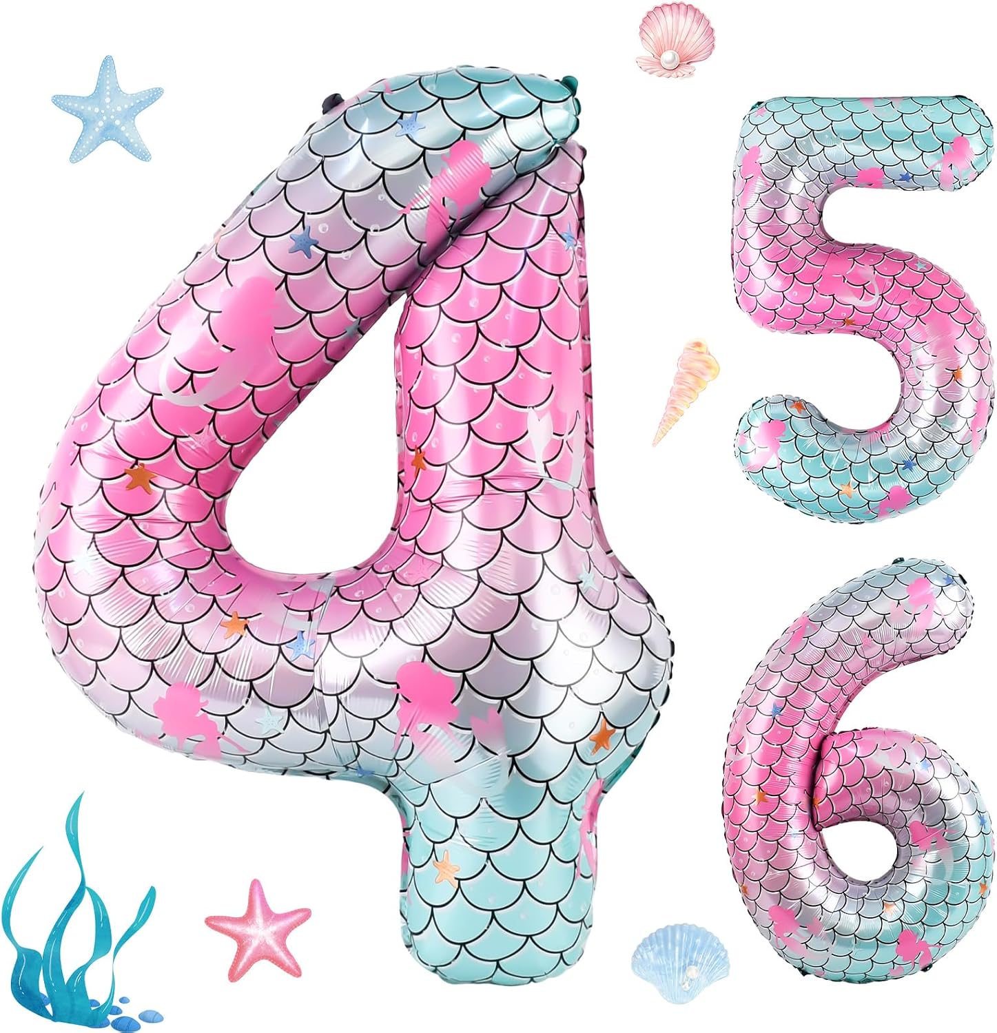 40 Inch Mermaid Number 4 Balloon, Sea Themed Birthday Decorations for Girls