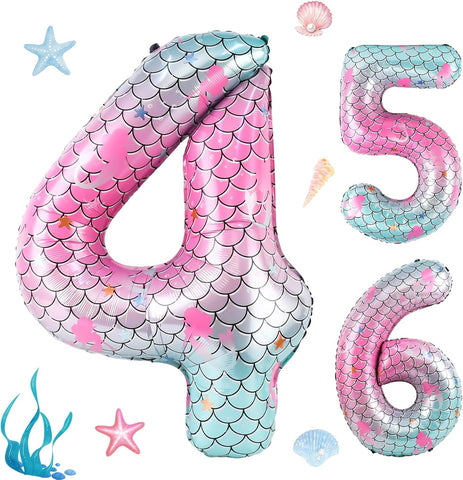 40 Inch Mermaid Number 4 Balloon, Sea Themed Birthday Decorations for Girls