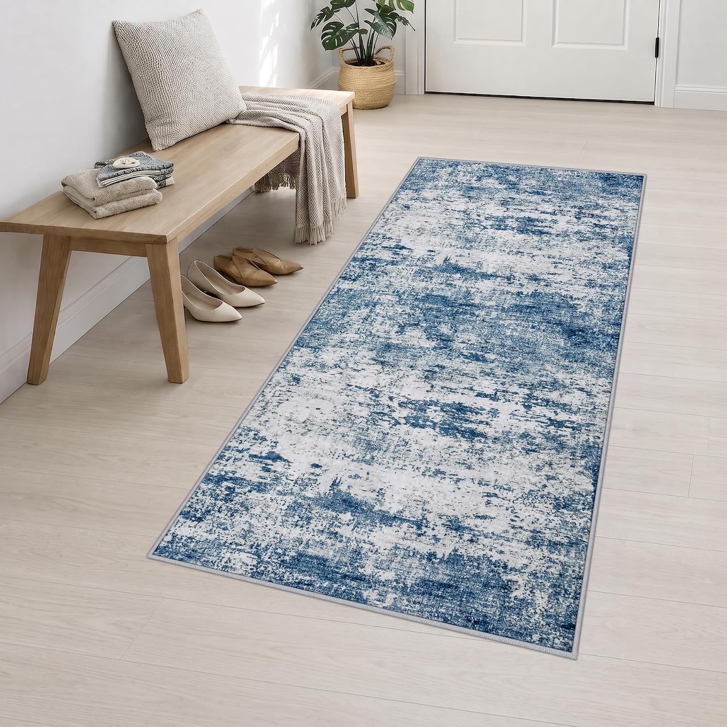 3x8 Washable Runner Rug：Modern Abstract Kitchen Soft Carpet Blue