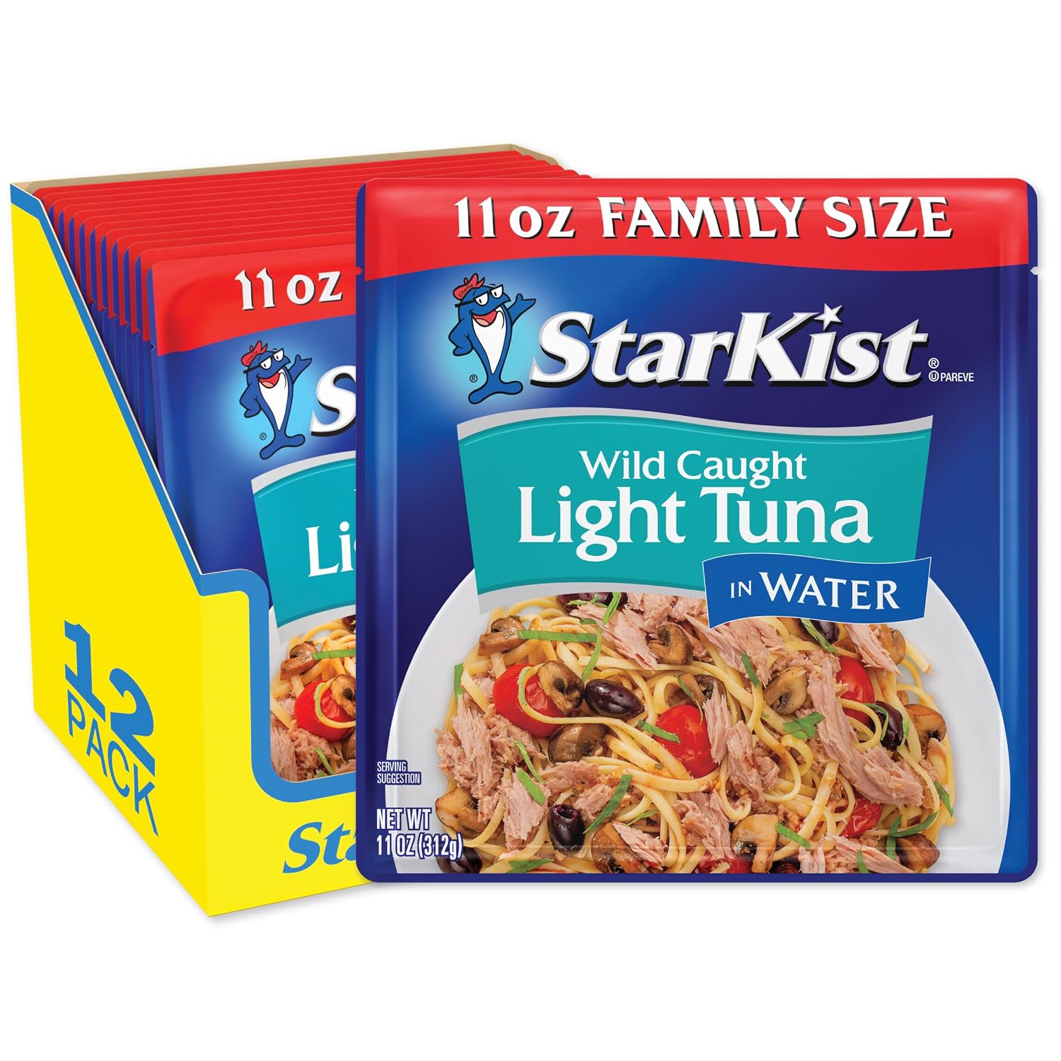 StarKist Wild Caught Light Tuna in Water, 11oz Pouch, 12-Pack | 19g Protein Per Serving, Ready to Eat, Shelf Stable Seafood, Gluten Free, Soy Free, No Draining for Salads and Sandwiches