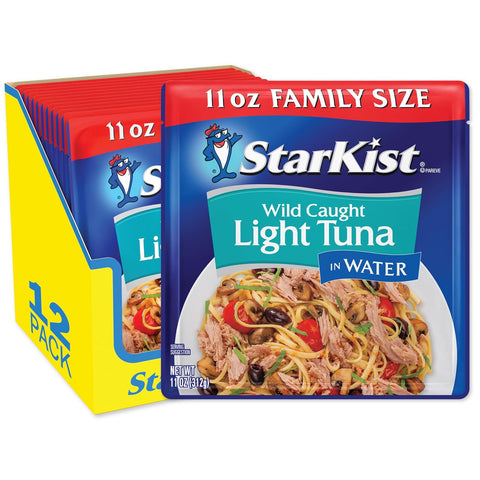 StarKist Wild Caught Light Tuna in Water, 11oz Pouch, 12-Pack | 19g Protein Per Serving, Ready to Eat, Shelf Stable Seafood, Gluten Free, Soy Free, No Draining for Salads and Sandwiches