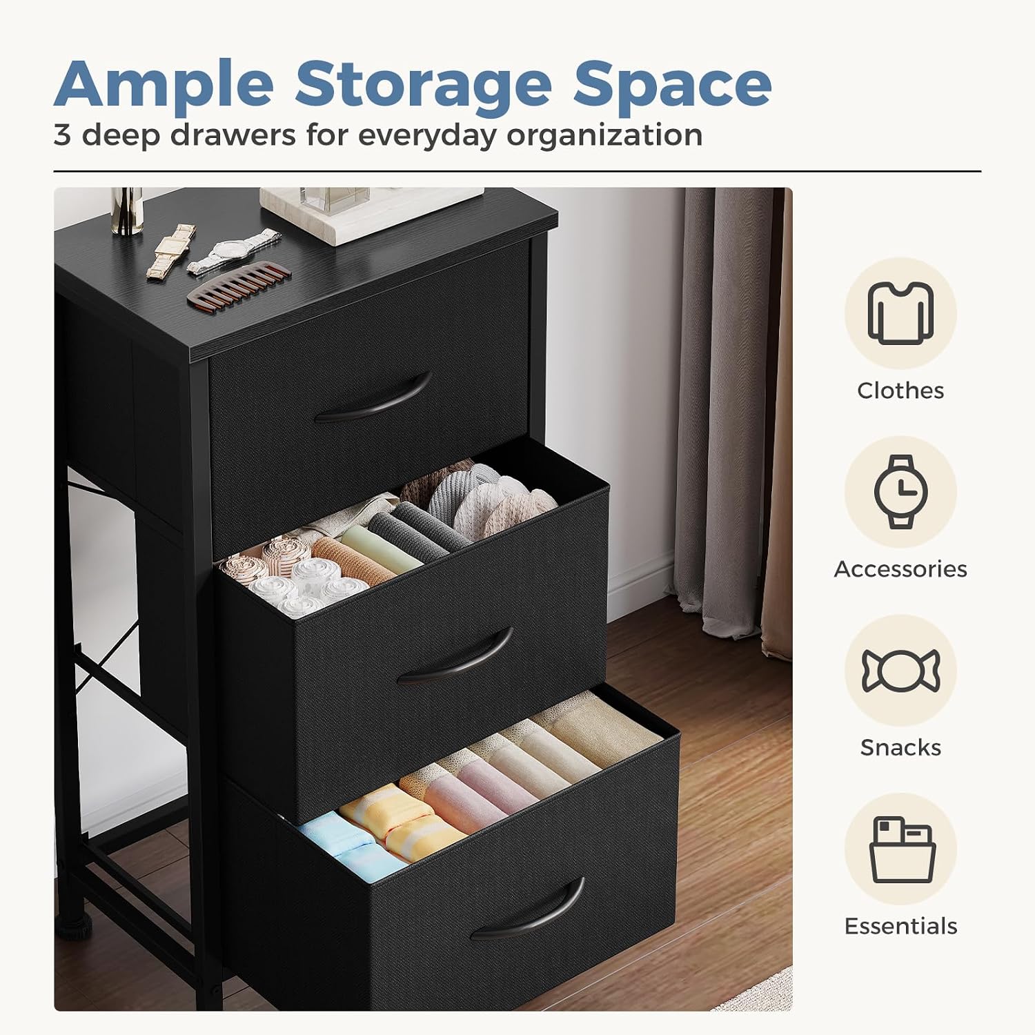 DUMOS 3 Drawer Nightstand for Bedroom, Small Night Stand Chest of Drawers