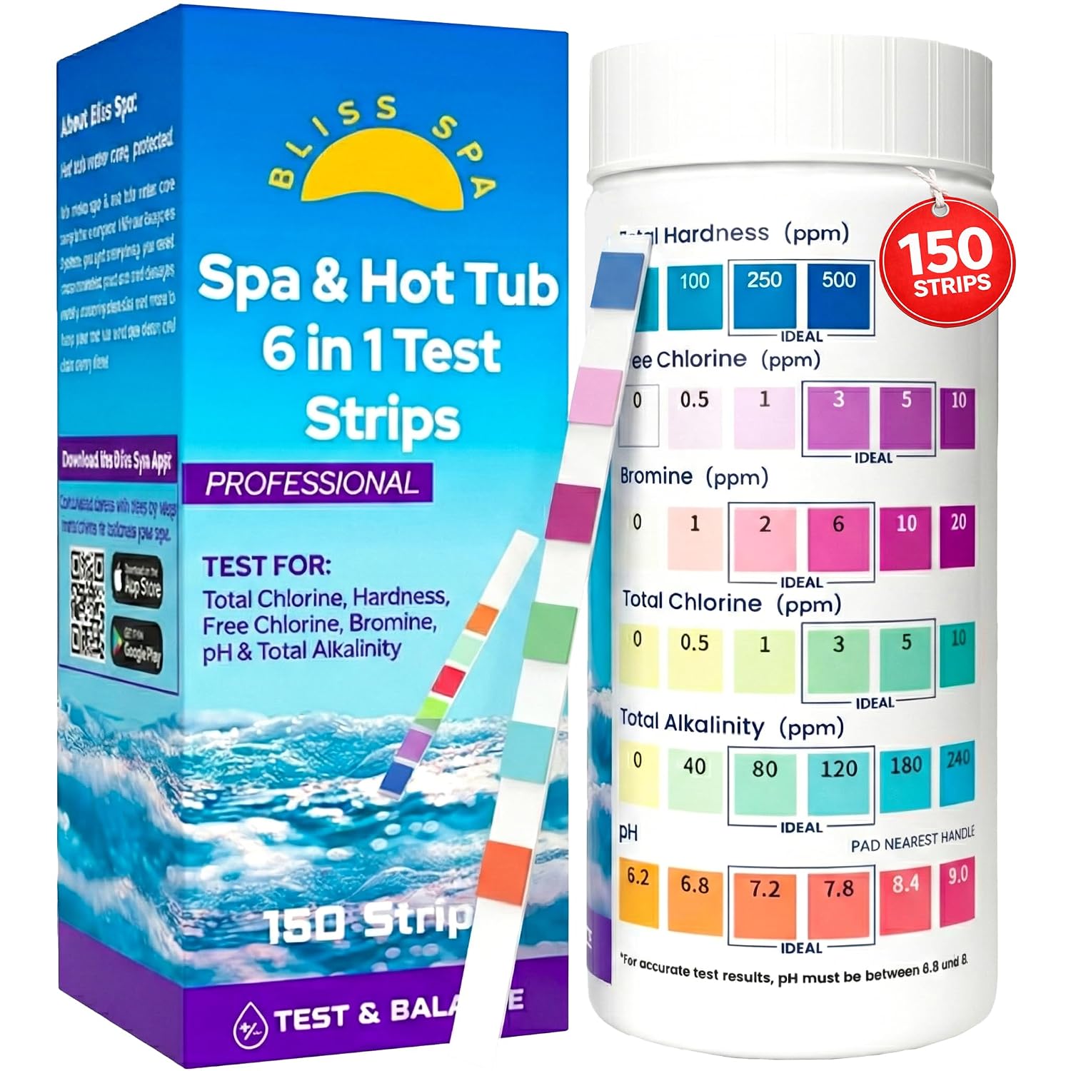 Spa Hot Tub Test Strips with App 6 in 1 (150 Strips) Easy, Accurate Testing