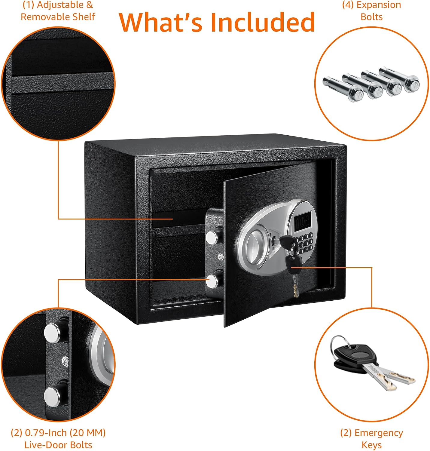 Amazon Basics Steel Security Safe and Lock Box with Electronic Keypad, Secure Documents Storage, Black, 0.5 Cubic Feet, 13.8"W x 9.8"D x 9.8"H, Removable Shelf