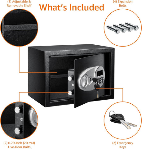 Amazon Basics Steel Security Safe and Lock Box with Electronic Keypad, Secure Documents Storage, Black, 0.5 Cubic Feet, 13.8"W x 9.8"D x 9.8"H, Removable Shelf