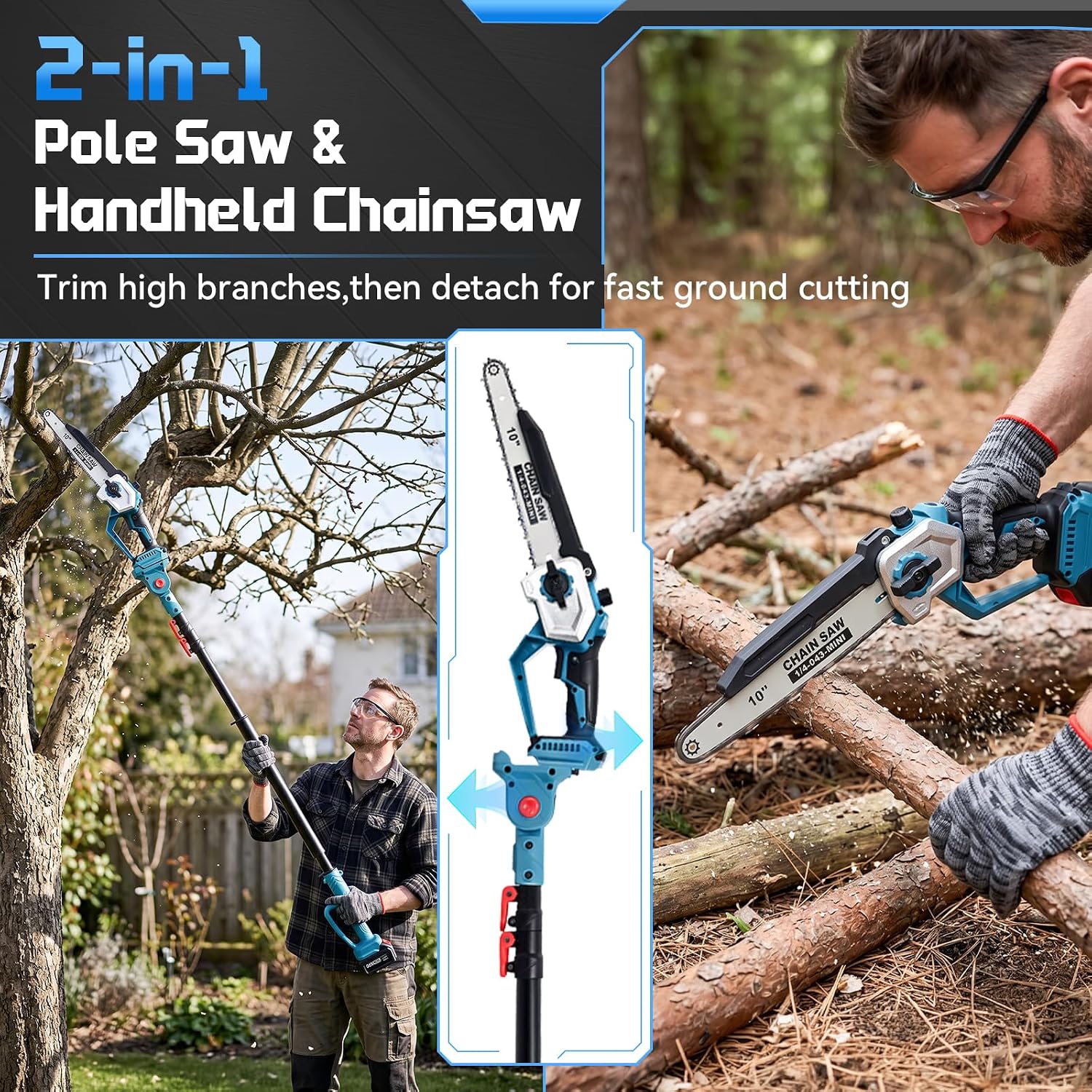 10-Inch 2-in-1 Cordless Pole Saw & Mini Chainsaw for Tree Trimming