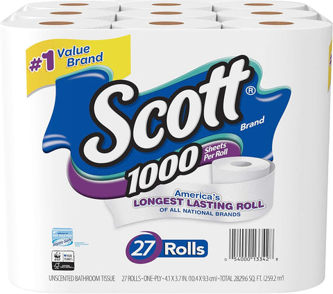 Scott 1000 Sheets Per Roll Toilet Paper, 27 Rolls, Bath Tissue