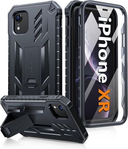 FNTCASE for iPhone XR Case, with Built-in Screen Protector, Kickstand Black