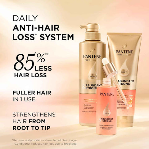 Pantene Abundant & Strong 3-Piece Regimen with B5 Complex + Niacinamide, Shampoo (13.5 oz), Conditioner (8 oz), Serum (2 oz) for Hair Loss, Thinning, Anti-Breakage, Volume - Grows Healthier