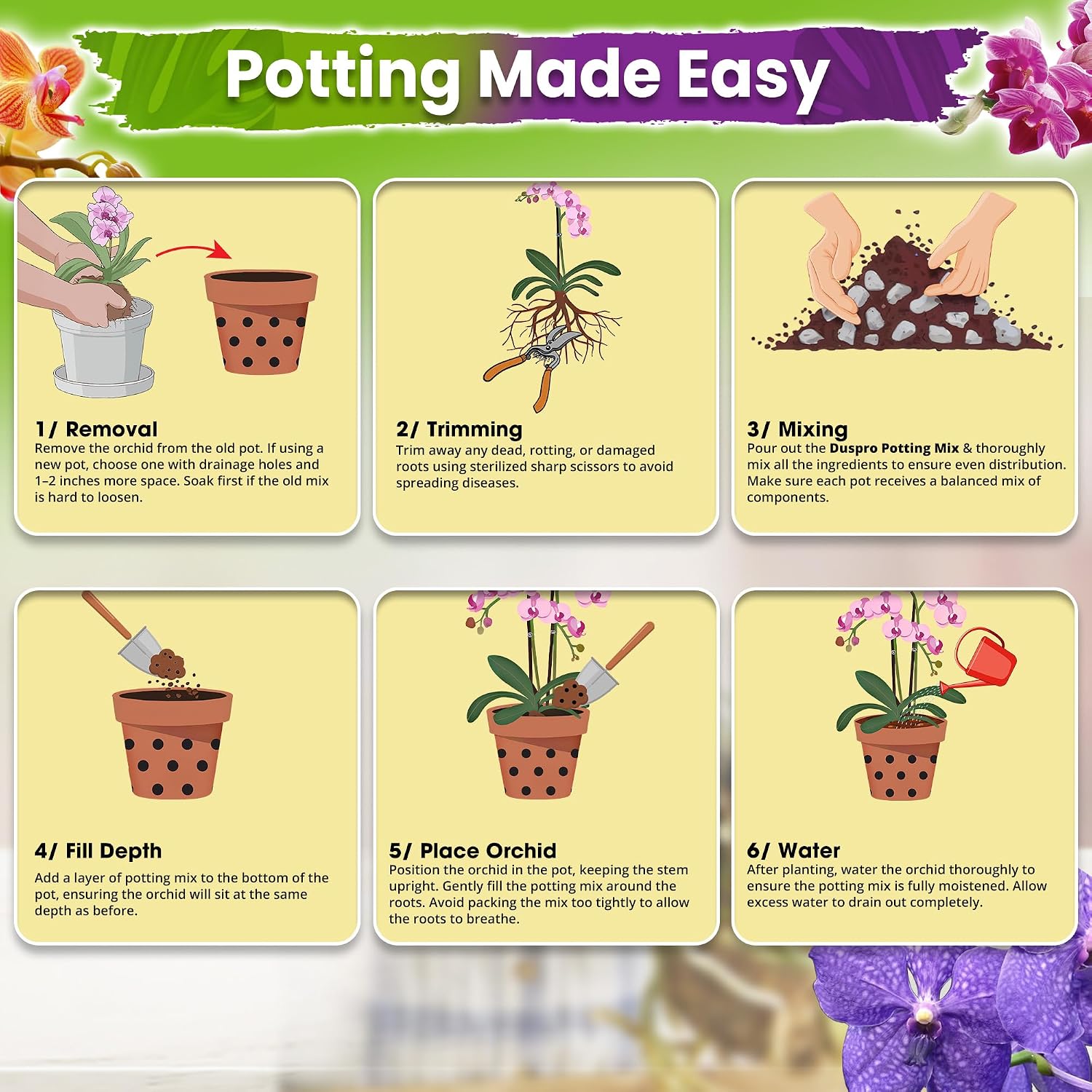 DUSPRO 4in1 Orchid Potting Mix for Repotting, Pre-Mixed & Ready to Use, 1QT