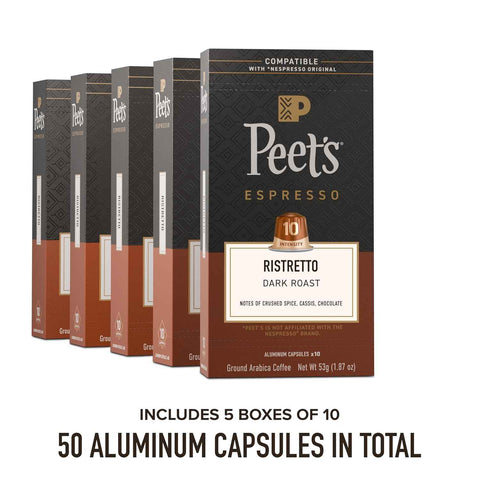Peet's Coffee, Dark Roast Espresso Capsules, Compatible with Nespresso Original Machine, 100% Arabica Coffee - Ristretto Intensity 10, 50 Count (5 Boxes of 10 Espresso Capsules)