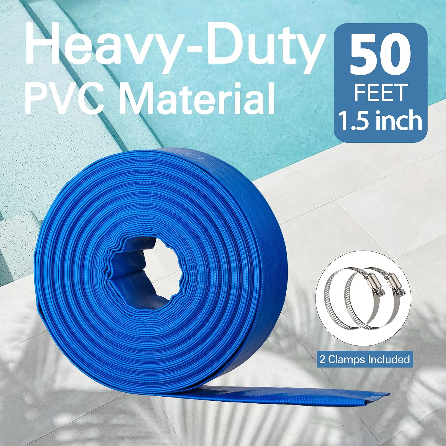 1.5"x50FT Pool Backwash Hose, Lay Flat, Drain & Sump, 2 Clamps
