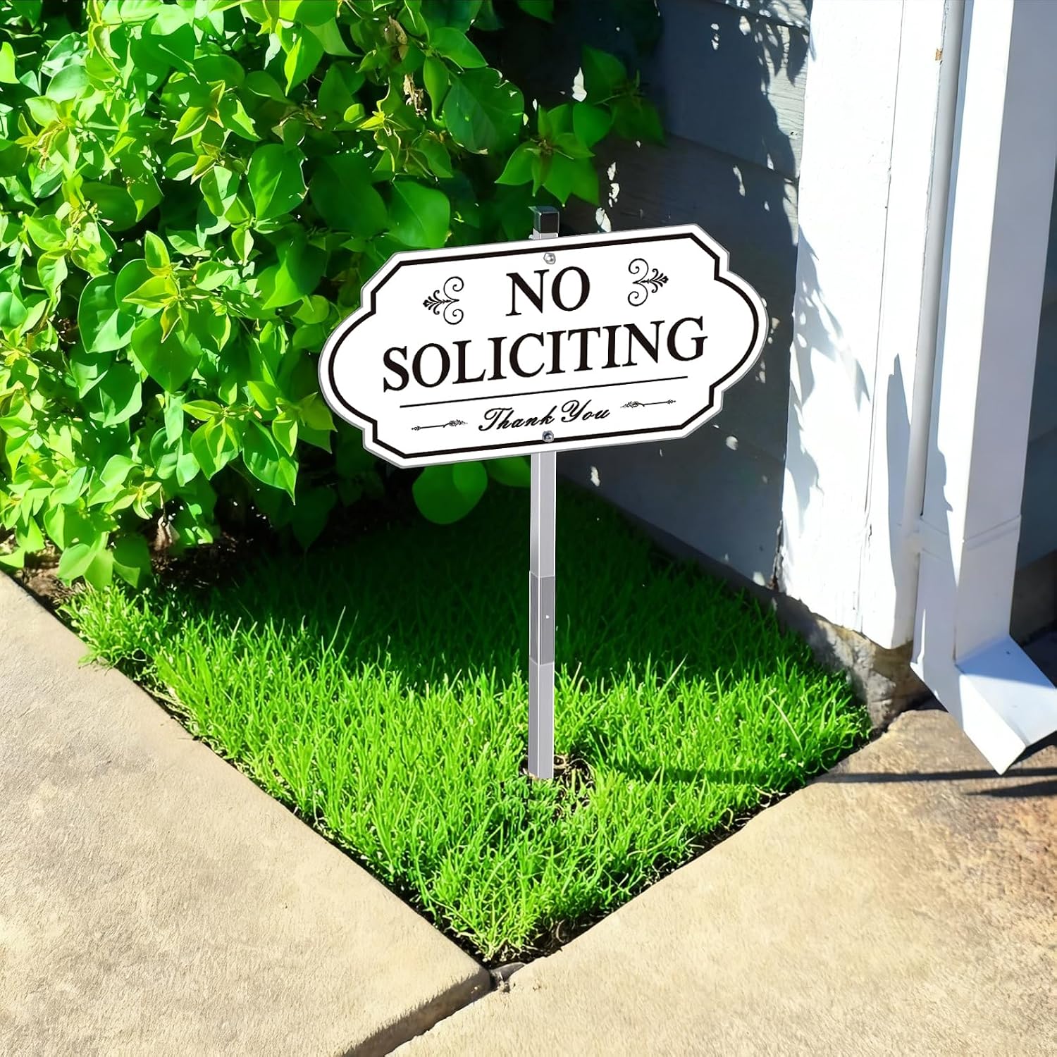 Heavy Duty No Soliciting Sign for House - All Metal Construction No Soliciting Yard Sign - 14" x 7" - Aluminum - with 28" Long Stake (BLACK and WHITE)