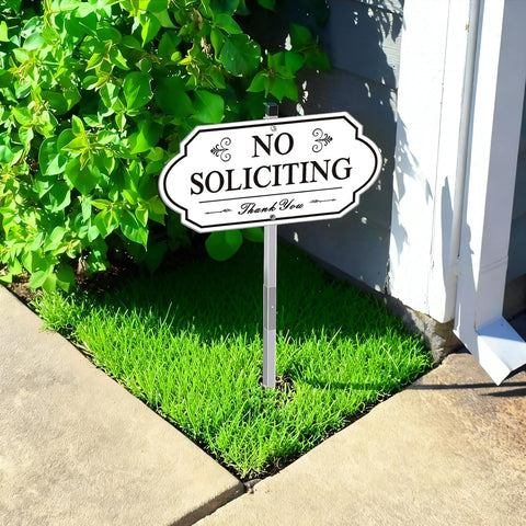 Heavy Duty No Soliciting Sign for House - All Metal Construction No Soliciting Yard Sign - 14" x 7" - Aluminum - with 28" Long Stake (BLACK and WHITE)