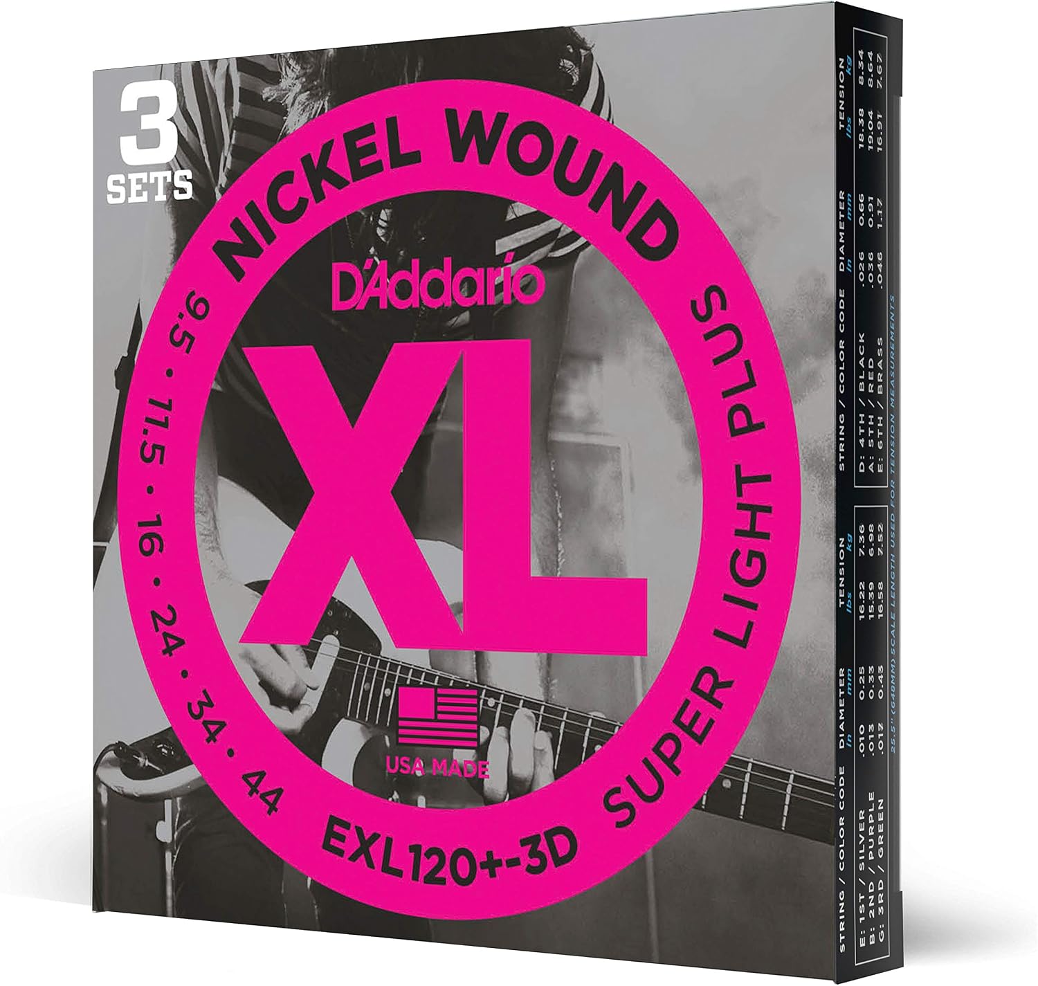 D'Addario XL Nickel EXL120+-3D Electric Guitar Strings, 9.5-44, 3 Sets