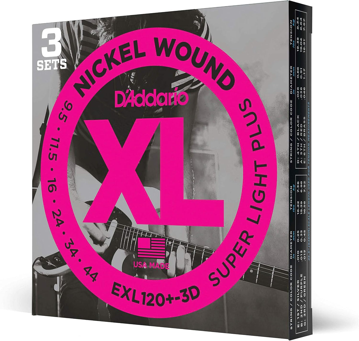 D'Addario XL Nickel EXL120+-3D Electric Guitar Strings, 9.5-44, 3 Sets