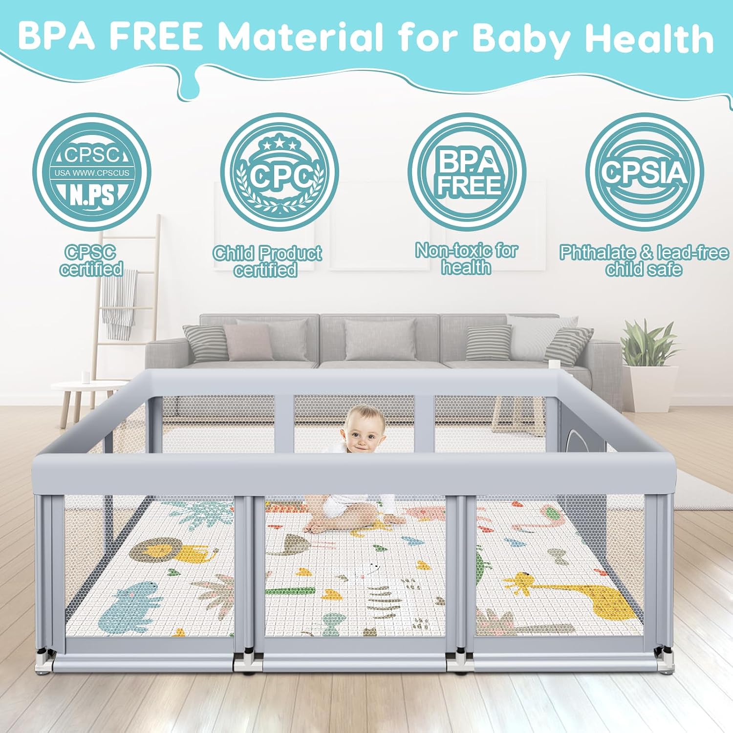 Fshibila 74" ×50" Large Baby Playpen, Baby Playard for Babies and Toddlers, Play Pens for Indoor & Outdoor, Sturdy Safety Play Yard with Soft Breathable Mesh, Anti-Fall, Grey (with MAT)