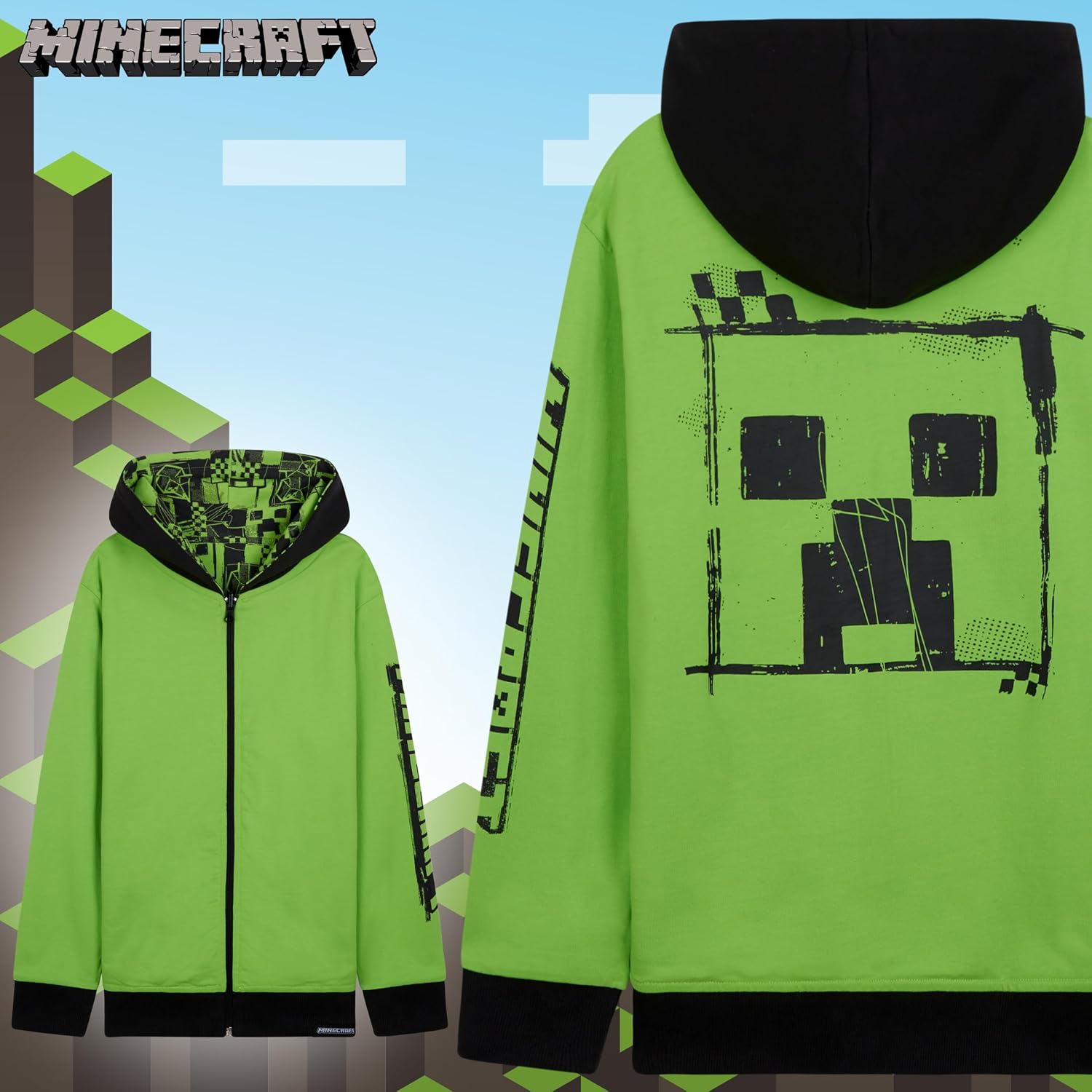 Minecraft Boys Hoodies - Reversible Hooded Sweatshirt for Kids Teenagers 5-14 Years Warm Zip up Hoodie Gamers Gifts