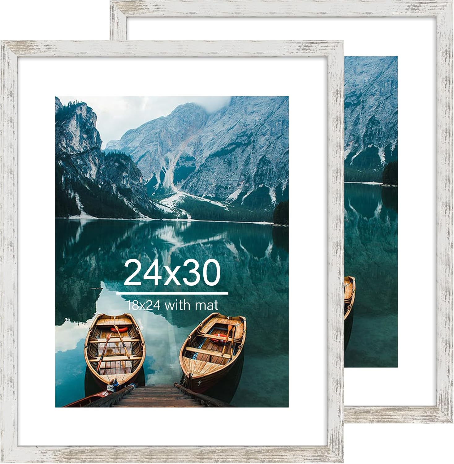 Hongkee 24x30 Frame Set of 2, Distressed White Wood Style - Display 18x24 Picture Frame with Mat or 24 x 30 Poster without Mat, Wall Mounting Horizontal and Vertical