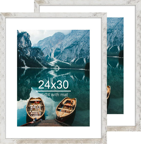 Hongkee 24x30 Frame Set of 2, Distressed White Wood Style - Display 18x24 Picture Frame with Mat or 24 x 30 Poster without Mat, Wall Mounting Horizontal and Vertical